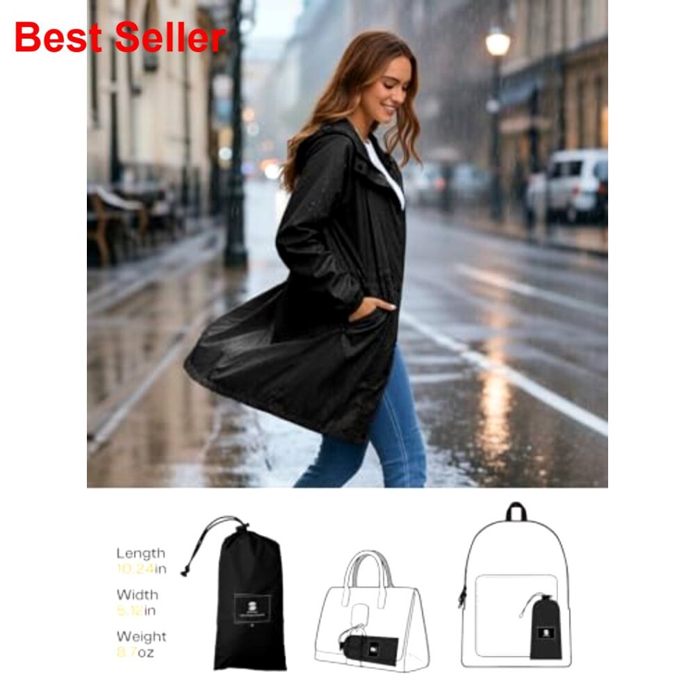 Lightweight Packable Long Rain Jacket Hooded Tren… - image 2